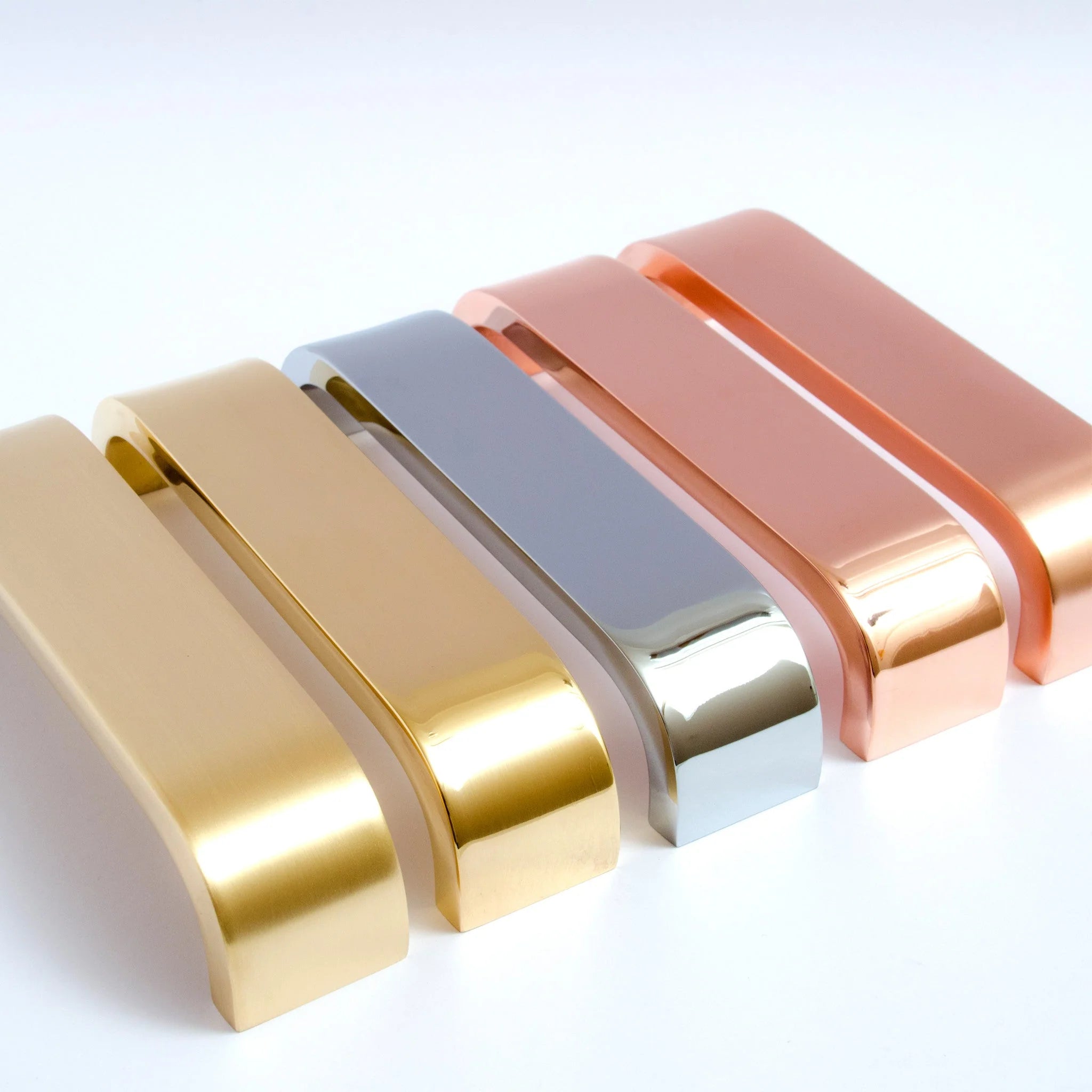 Mitchell Hardware Supply curved cabinet handle in brushed brass finish